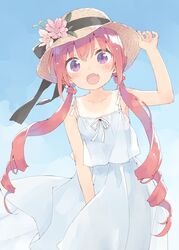  :d arm_up bare_arms bare_shoulders blue_sky blush brown_hair brown_hat collarbone commentary_request day dress female flower hair_between_eyes hand_on_headwear hat hat_flower hazuki_watora kani_biimu long_hair open_mouth original outdoors pink_flower purple_eyes ringlets sky sleeveless sleeveless_dress smile solo sundress tan tanlines twintails very_long_hair white_dress 