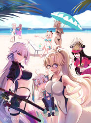  6+girls :d ;d ahoge aqua_bikini artoria_pendragon_(fate) ass back bad_id bad_pixiv_id beach bikini black_bikini black_gloves black_hair blonde_hair blue_one-piece_swimsuit blue_sky bow breasts buster_shirt capelet cloud commentary_request competition_swimsuit crossed_legs dark-skinned_female dark_skin day drink drinking_straw elbow_gloves fate/grand_order fate_(series) flower glasses gloves hair_flower hair_ornament hairbow hands_on_own_hips hat helmet holding holding_sword holding_weapon imminent_kiss innertube jeanne_d&#039;arc_(fate) jeanne_d&#039;arc_(swimsuit_archer)_(fate) jeanne_d&#039;arc_(swimsuit_archer)_(second_ascension)_(fate) jeanne_d&#039;arc_alter_(fate) jeanne_d&#039;arc_alter_(swimsuit_berserker)_(fate) jeanne_d&#039;arc_alter_santa_lily_(fate) jeanne_d&#039;arc_alter_santa_lily_(summer_little)_(fate) katana koha-ace long_hair medb_(fate) medb_(swimsuit_saber)_(fate) medb_(swimsuit_saber)_(second_ascension)_(fate) multiple_girls mysterious_heroine_xx_(fate) nichiru ocean oda_nobunaga_(fate) oda_nobunaga_(swimsuit_berserker)_(fate) oda_nobunaga_(swimsuit_berserker)_(first_ascension)_(fate) okita_souji_(fate) okita_souji_(koha-ace) okita_souji_alter_(fate) one-piece_swimsuit one_eye_closed open_mouth outdoors parasol pink_hair pink_legwear ponytail purple_eyes purple_hair red_eyes scathach_(fate) scathach_(swimsuit_assassin)_(fate) sheath sheathed shirt single_thighhigh sitting sky smile swim_ring swimming swimsuit sword t-shirt thighhighs twintails umbrella v very_long_hair weapon white_bikini 