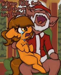  bodily_fluids christmas crying duo english_text equid equine fan_character hasbro hi_res holidays horse laugh mammal marsminer mean my_little_pony on_lap open_mouth orange_eyes pony sad santa_claus tears text venus_spring 