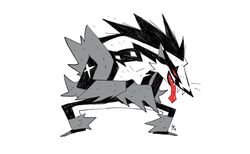  2019 generation_8_pokemon hi_res looking_at_viewer mammal mustelid nintendo obstagoon pokemon pokemon_(species) simple_background solo teeth tongue tongue_out trisketched white_background 