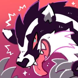  1:1 2019 ambiguous_gender black_body black_fur black_nose cheek_tuft claws digital_drawing_(artwork) digital_media_(artwork) facial_tuft fangs feral flat_colors fur generation_8_pokemon gradient_background grey_claws headshot_portrait icon limereptile looking_at_viewer low_res mammal multicolored_body multicolored_fur mustelid narrowed_eyes nintendo obstagoon open_mouth pokemon pokemon_(species) portrait red_eyes red_sclera red_tongue simple_background solo sparkles teeth tongue tongue_out tuft two_tone_body two_tone_fur white_body white_fur 