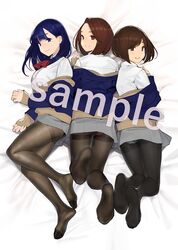  3girls aikawa_ren black_legwear blue_eyes blue_hair blue_jacket blush bow breasts brown_cardigan brown_eyes brown_hair cardigan commentary_request feet full_body grey_skirt highres jacket lying miru_tights moegi_homi mole mole_under_eye multiple_girls nakabeni_yua no_shoes on_side on_stomach panties panties_under_pantyhose pantyhose sample_watermark shirt skirt thighband_pantyhose underwear watermark white_shirt yomu_(sgt_epper) 