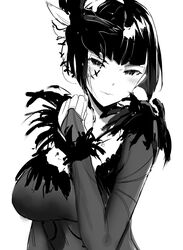  112san absurdres anna_williams breasts bridal_gauntlets commentary_request dress feather-trimmed_sleeves feather_boa female greyscale hair_ornament highres large_breasts monochrome short_hair tekken tekken_7 veil 