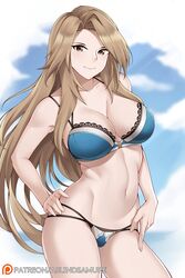  aslindsamure bangs bare_shoulders blue_bra blue_panties blue_sky blush bra breasts brown_eyes brown_hair cleavage closed_mouth collarbone commentary female granblue_fantasy hands_on_hips highres katalina_aryze lace lace-trimmed_bra large_breasts long_hair looking_at_viewer multi-strapped_panties navel panties parted_bangs sidelocks sky smile solo thighs underwear 