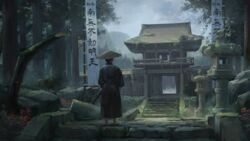  1boy bad_id bad_pixiv_id banner building cloud cloudy_sky day forest from_behind gate hat highres japanese_clothes katana kimono male_focus mikado_(winters) moss nature nobori original outdoors overgrown rice_hat rock ruins samurai scenery sheath sheathed sky solo stairs standing stone_lantern stone_stairs sword tree wall weapon wide_shot 