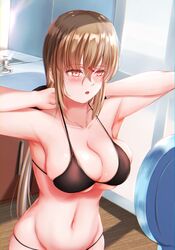  alternate_breast_size bikini black_bikini black_bow blush bow breasts brown_eyes brown_hair female glass_door hair_ornament hairbow hairclip highres kantai_collection large_breasts libra_(zodiac) long_hair low_twintails mirror navel open_mouth paint.net_(medium) sabakuomoto solo swimsuit tashkent_(kancolle) twintails zodiac 