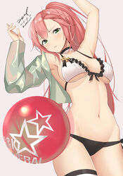  arm_up armpits ball bare_arms bare_shoulders bikini black_bikini breasts choker cleavage closed_mouth collarbone commentary cowboy_shot cropped_jacket dated female frilled_bikini frills front-tie_bikini_top front-tie_top frown girls&#039;_frontline green_eyes green_jacket groin hand_up highres jacket long_hair long_sleeves looking_at_viewer medium_breasts mismatched_bikini navel official_alternate_costume open_clothes open_jacket photoshop_(medium) pink_hair ponytail r93_(girls&#039;_frontline) r93_(holiday_lucky_star)_(girls&#039;_frontline) side-tie_bikini_bottom signature solo star_(symbol) swimsuit symbol-only_commentary thigh_strap twitter_username unel white_bikini 