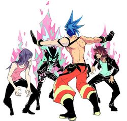  4boys ascot baggy_pants black_gloves black_jacket blue_hair commentary_request denim fire galo_thymos gloves gueira hair_over_one_eye half_gloves jacket jeans jurassic_world lio_fotia long_hair mad_burnish male_focus manbou_no_ane meis_(promare) meme multiple_boys outstretched_arms pants parody prattkeeping_(meme) promare red_hair shirt spiked_hair topless_male 