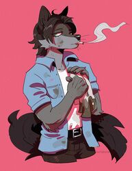  5_fingers anthro avoid_posting belt black_nose blue_eyes canid canine cigarette clothed clothing fingers fur hair holding_object humanoid_hands male mammal murkbone pink_background signature simple_background smoke smoking solo whiskers 