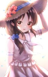  :d backlighting bad_id bad_pixiv_id blue_scrunchie blush brown_background brown_eyes brown_hair brown_hat commentary cotrpopor dress female flower gradient_background hair_ornament hair_over_shoulder hair_scrunchie hand_on_headwear hat hat_flower hibiscus highres idolmaster idolmaster_cinderella_girls long_hair looking_at_viewer neckerchief open_mouth pink_flower ponytail puffy_short_sleeves puffy_sleeves sailor_dress scrunchie see-through see-through_sleeves short_sleeves sidelocks smile solo standing straw_hat sun_hat symbol-only_commentary tachibana_arisu white_background white_dress white_neckerchief wind 