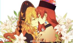  2girls artist_name bare_shoulders black_choker black_dress black_shirt blonde_hair chinese_commentary choker closed_eyes commentary_request couple dress ear_piercing earrings facing_another flower from_behind from_side hair_between_eyes hand_on_another&#039;s_shoulder headdress hecatia_lapislazuli highres hug imminent_kiss jewelry junko_(touhou) kagari6496 leaf light_particles lily_(flower) long_hair multiple_girls nail_polish neck_ribbon off-shoulder_shirt off_shoulder piercing planet_earrings profile red_hair red_nails ribbon shirt simple_background smile tabard tassel touhou upper_body weibo_logo weibo_watermark white_background white_flower white_lily yellow_ribbon yuri 