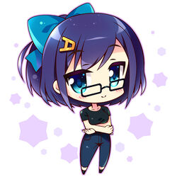  a-chan_(1st_costume)_(hololive) a-chan_(hololive) black-framed_eyewear black_footwear black_shirt blue_eyes blue_hair blue_ribbon blush breasts chibi collarbone commentary_request crossed_arms denim female full_body glasses hair_ornament hairclip hololive hoshikuzu_no_yoru jeans letter_hair_ornament looking_at_viewer medium_hair pants photoshop_(medium) ribbon shirt simple_background smile solo standing virtual_youtuber white_background 