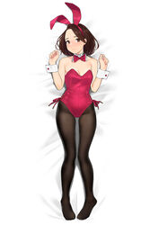  aikawa_ren animal_ears asymmetrical_bangs bare_shoulders bed_sheet black_pantyhose blush bow bowtie breasts brown_eyes brown_hair cleavage closed_mouth dakimakura_(medium) detached_collar fake_animal_ears female from_above frown full_body head_tilt highleg highleg_leotard leotard looking_at_viewer lying miru_tights nail_polish no_shoes pantyhose parted_lips photoshop_(medium) pink_bow pink_bowtie pink_leotard pink_lips pink_nails playboy_bunny rabbit_ears short_hair side-tie_leotard small_breasts solo strapless toes wrist_cuffs yomu_(sgt_epper) 