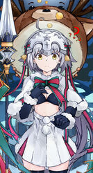  ? absurdres bell bikini bikini_top_only black_bikini black_gloves black_thighhighs bow breasts brown_eyes capelet christmas cleavage closed_mouth commentary_request dress elbow_gloves fate/grand_order fate_(series) female fur-trimmed_capelet fur_trim gloves green_bow grey_hair hairbow headpiece highres jeanne_d&#039;arc_alter_santa_lily_(fate) lance long_hair photoshop_(medium) pleated_dress polearm q-pra red_ribbon reindeer ribbon signature small_breasts solo star_(symbol) striped striped_bow striped_ribbon swimsuit thighhighs very_long_hair weapon white_capelet white_dress 