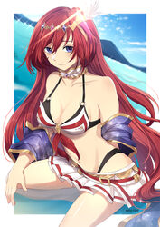  alexiel_(summer)_(granblue_fantasy) bare_shoulders belt bikini blue_eyes blush breasts buckle choker cleavage day female godsworn_alexiel granblue_fantasy hair_between_eyes hair_ornament highres large_breasts long_hair looking_at_viewer miniskirt o-ring o-ring_bikini outdoors outside_border photoshop_(medium) pleated_skirt red_hair rktsm shawl skirt smile solo swimsuit twitter_username very_long_hair white_skirt 