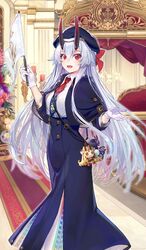  bad_source bed black_horns blue_necktie capelet character_doll commentary_request craft_essence_(fate) dress_shirt fate/grand_order fate_(series) female flag gloves grey_hair hair_between_eyes hair_ribbon high_heels holding holding_flag horns ibaraki_douji_(fate) jacket long_hair long_skirt looking_at_viewer mitsudomoe_(shape) necktie official_art open_mouth pantyhose purple_capelet purple_footwear purple_jacket purple_skirt red_eyes red_necktie red_ribbon ribbon shirabi shirt shoulder_strap shuten_douji_(fate) skin-covered_horns skirt slit_pupils solo tomoe_(symbol) tomoe_gozen_(fate) tomoe_gozen_(festival_outfit)_(fate) two-tone_necktie white_gloves white_shirt 