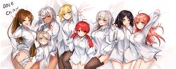  6+girls :3 absurdres ahoge artist_name bandage_on_face bandages bed black_eyes black_hair black_pantyhose black_thighhighs blonde_hair blue_eyes bob_cut breasts brown_eyes brown_hair button_gap cleavage collared_shirt commentary covering_own_mouth creator_(dungeon_and_fighter) dark-skinned_female dark_skin dolechan dress_shirt dungeon_and_fighter earrings female_gunner_(dungeon_and_fighter) female_priest_(dungeon_and_fighter) female_slayer_(dungeon_and_fighter) fighter_(dungeon_and_fighter) garter_belt garter_straps glasses heart highres jewelry knight_(dungeon_and_fighter) long_hair lying mage_(dungeon_and_fighter) multiple_girls naked_shirt on_back on_side oversized_clothes panties pantyhose partially_unbuttoned pink_hair pointy_ears ponytail red_eyes shirt smile string_panties thief_(dungeon_and_fighter) thighhighs twintails underwear white_hair white_shirt wrapping 