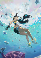  absurdres air_bubble aqua_hair bare_legs bare_shoulders belly_chain bikini black_hair bubble caustics commentary_request crop_top dark-skinned_female dark_skin day earrings female fisheye freediving gloves green_eyes highres holding holding_breath holding_poke_ball hoop_earrings jewelry long_hair looking_at_another looking_down multicolored_hair nazgul_(5511474) nessa_(pokemon) ocean outdoors partially_fingerless_gloves photoshop_(medium) poke_ball pokemon pokemon_(creature) pokemon_swsh puffy_cheeks sandals sharpedo shellder silhouette single_glove solo_focus sportswear stomach submerged swimsuit tankini two-tone_hair underwater wingull wishiwashi wishiwashi_(solo) wristband 