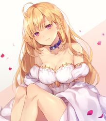  :3 ahoge bare_shoulders blonde_hair breasts choker cleavage closed_mouth collarbone commentary_request detached_sleeves dress female highres knees_up long_hair looking_at_viewer medium_breasts nijisanji petals pink_eyes puffy_short_sleeves puffy_sleeves short_sleeves sitting smile solo strapless strapless_dress takamiya_rion takamiya_rion_(2nd_costume) tnk319 two-tone_background virtual_youtuber white_dress 