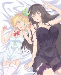  2girls black_dress black_hair blonde_hair breasts commentary_request dress green_eyes highres kawaikereba_hentai_demo_suki_ni_natte_kuremasu_ka? koga_yuika long_hair looking_at_viewer lying multiple_girls panties see-through tokihara_sayuki underwear white_dress yellow_eyes 