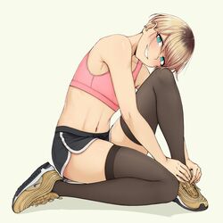  1other air_max air_max_97 androgynous aqua_eyes beige_background black_thighhighs blonde_hair blue_eyes blush brown_footwear brown_hair dolphin_shorts ear_piercing full_body grin head_on_knee highres looking_at_viewer multicolored_hair navel nike_(company) on_one_knee original pas_(paxiti) piercing pink_sports_bra shoes short_hair short_shorts shorts simple_background smile sneakers solo sports_bra sportswear thighhighs two-tone_hair tying_footwear 