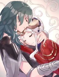  2girls byleth_(female)_(fire_emblem) byleth_(fire_emblem) closed_eyes edelgard_von_hresvelg fire_emblem fire_emblem:_three_houses hand_on_another&#039;s_chest highres light_blush medium_hair multiple_girls sakuramotikun smile tiara upper_body white_hair yuri 