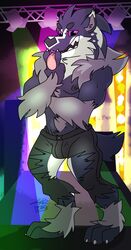  2019 absurd_res anthro black_body black_fur blue_eyes bulge claws clothed clothing concert digital_media_(artwork) fur generation_8_pokemon hair hi_res lights looking_at_viewer male mammal muscular muscular_anthro muscular_male mustelid nintendo nipple_piercing nipples obstagoon open_mouth piercing pokemon pokemon_(species) smile solo stage standing sylvanedadeer teeth tongue tongue_out torn_clothing white_body white_fur 