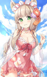  animal_ear_fluff animal_ears bare_shoulders blue_sky blunt_bangs blush bracelet braid breasts brown_hair brown_ribbon choker cleavage closed_mouth cloud cloudy_sky collarbone commentary_request cowboy_shot day dress dress_swimsuit fang_out female floral_print flower flower_ornament fox_ears fox_girl green_eyes hair_flower hair_ornament hair_ribbon hand_up highres holding jewelry keiran_(ryo170) large_breasts long_hair long_sleeves looking_at_viewer maho_(princess_connect!) maho_(summer)_(princess_connect!) oerba_yun_fang outdoors pink_choker pink_dress princess_connect! print_dress ribbon see-through see-through_sleeves sidelocks single_braid sky sleeveless sleeveless_dress solo very_long_hair water wide_sleeves 