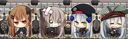  &gt;:( 4girls 7:08 =_= absurdres assault_rifle bandages bandaid bandaid_on_head black_headwear cartridge chibi closed_mouth commentary_request crossed_bandaids crying full_body g11_(girls&#039;_frontline) girls&#039;_frontline green_headwear grey_hair gun h&amp;k_g11 h&amp;k_hk416 hair_ornament highres hk416_(girls&#039;_frontline) holding holding_gun holding_weapon long_hair looking_at_viewer m16a1_(girls&#039;_frontline) multiple_girls o_o one_side_up open_mouth red_eyes rifle shell_casing shooting_range silhouette_target smug standing straight_hair streaming_tears target_practice tears twintails ump45_(girls&#039;_frontline) ump9_(girls&#039;_frontline) v-shaped_eyebrows very_long_hair weapon yawning 