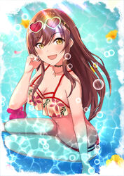  :d bare_arms bare_shoulders bikini blurry breasts brown_eyes brown_hair bubble caustics choker cleavage commentary_request depth_of_field eyewear_on_head female floral_print flower hand_up heart heart-shaped_eyewear hibiscus highres idolmaster idolmaster_shiny_colors jewelry light_rays long_hair looking_at_viewer medium_breasts necklace okutomi_fumi open_mouth osaki_amana print_bikini purple_flower sidelocks sitting smile solo sunbeam sunglasses sunlight swimsuit water yellow_flower 