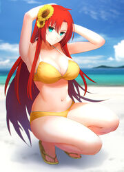  aqua_eyes armpits arms_behind_head arms_up bare_shoulders beach bikini blush boudica_(fate) boudica_(third_ascension)_(fate) breasts cleavage closed_mouth collarbone day fate/grand_order fate_(series) female flower hair_between_eyes hair_flower hair_ornament highres large_breasts long_hair looking_at_viewer minami_koyogi navel outdoors photoshop_(medium) red_hair sandals smile solo squatting sunflower sunflower_hair_ornament swimsuit thighs yellow_bikini 