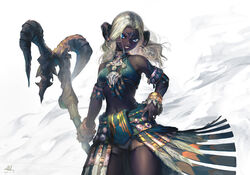  2018 alternate_skin_color armband artist_name au_ra bare_shoulders black_horns black_lips black_scales black_skin blue_eyes breasts colored_skin commentary_request cowboy_shot curled_horns dark-skinned_female dark_skin dated dragon_girl dragon_horns feathers female final_fantasy final_fantasy_xiv fingernails grey_shorts grin hand_on_own_hip highres holding holding_staff horn_ornament horn_ring horns legs_apart lips long_hair medium_breasts navel sadu_dotharl samidare_(okayou) scales shorts signature smile solo staff teeth thighs tribal white_hair wristband 