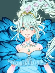  aqua_background aqua_hair bare_shoulders blue_eyes blue_wings braid breasts butterfly_wings cleavage commentary_request eyes_visible_through_hair fairy female final_fantasy final_fantasy_xiv floating_hair flower flower_braid hair_between_eyes hair_flower hair_ornament highres insect_wings jewelry long_hair looking_at_viewer mimi_(mini1474) necklace open_mouth pink_flower pixie_(ff14) pointy_ears single_braid small_breasts smile solo tiara titania_(final_fantasy) upper_body wings 