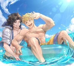  2boys ;d afloat ahoge arm_up belt black_hair blonde_hair blue_eyes blue_sky cardigan collarbone day elsass granblue_fantasy highres hood hood_down innertube lancelot_(granblue_fantasy) looking_at_another looking_at_viewer male_focus male_swimwear medium_hair multiple_boys muscular muscular_male navel no_nipples ocean official_alternate_costume one_eye_closed open_cardigan open_clothes open_mouth outdoors pectorals short_hair sitting sky smile splashing standing stomach summer swim_ring swim_trunks topless_male vane_(granblue_fantasy) vane_(summer)_(granblue_fantasy) water 