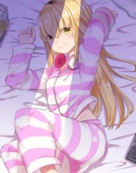  blonde_hair blush breasts closed_mouth commentary female hair_between_eyes headphones headphones_around_neck highres ienaga_mugi ienaga_mugi_(1st_costume) jacket long_hair looking_at_viewer nijisanji solo striped utsusumi_kio very_long_hair virtual_youtuber yellow_eyes 