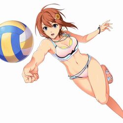  akatsuki_no_kiseki alternate_costume ao_no_kiseki armpit_peek bare_legs bikini bikini_bottom_only bracelet breasts brown_hair bump_(volleyball) cleavage clenched_hand eiyuu_densetsu enami_katsumi feet_out_of_frame female flower foreshortening grey_eyes hair_between_eyes hair_flower hair_ornament jewelry medium_breasts midriff navel necklace noel_seeker official_art open_mouth outstretched_arm pink_bikini sandals short_hair simple_background solo sports_bra swimsuit volleyball white_background zero_no_kiseki 