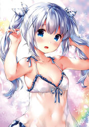  armpits arms_up bare_arms bare_shoulders bikini blue_eyes breasts chiyingzai cleavage collarbone commentary_request female frilled_bikini frills gochuumon_wa_usagi_desu_ka? grey_hair hair_ornament hair_ribbon kafuu_chino long_hair looking_at_viewer navel open_mouth ribbon see-through sidelocks small_breasts snowflakes solo striped striped_ribbon swimsuit twintails upper_body white_bikini x_hair_ornament 