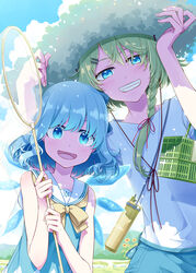  2girls alternate_costume alternate_hair_color blue_dress blue_eyes blue_hair braid bug_hunting butterfly_net cage cirno commentary_request day dress field flower grass green_hair grin hand_net hat ice ice_wings kirisame_marisa looking_at_viewer multiple_girls open_mouth outdoors sailor_collar sakuraba_yuuki shadow shirt short_sleeves single_braid sleeveless smile straw_hat summer sun_hat sunflower sunlight t-shirt teeth touhou white_shirt wings 