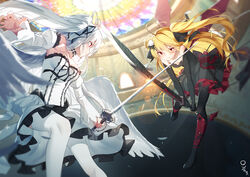  2girls ahoge bat_wings battle black_dress black_pantyhose black_ribbon blonde_hair blurry blurry_background blush breasts chinese_commentary choker clash commentary_request detached_sleeves dress duel feathered_wings hair_ornament hair_ribbon highres katana long_hair looking_at_another medium_breasts multiple_girls original pantyhose qys3 red_eyes ribbon siblings sisters smile sparks strapless strapless_dress sword thighhighs tokisaki_asaba_(niliu_chahui) tokisaki_mio_(niliu_chahui) two_side_up weapon white_dress white_hair white_pantyhose wings 