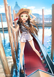  :d ancotaku arm_up bare_arms blue_sky boat boater_hat brown_footwear brown_hair brown_hat building cloud commentary_request day female gondola green_eyes hat loafers long_hair open_mouth original outdoors shirt shoes short_shorts shorts signature sky sleeveless sleeveless_shirt smile socks solo standing striped_clothes striped_shirt venice very_long_hair water watercraft white_shorts white_socks 