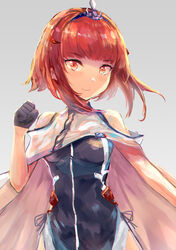  azur_lane bad_id bad_pixiv_id bare_shoulders birmingham_(azur_lane) black_gloves blunt_bangs breasts capelet closed_mouth commentary female gloves grey_background half_gloves highres leotard looking_at_viewer medium_breasts mg42cat-k1ng photoshop_(medium) red_eyes red_hair short_hair side_slit sidelocks simple_background sleeveless smile solo standing tiara 