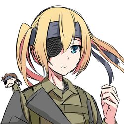  1boy assault_rifle bandana beard big_boss big_boss_(cosplay) blonde_hair blue_eyes brown_hair chibi cosplay crossover eyepatch facial_hair female gun jpc m16 m16a1 metal_gear_(series) metal_gear_solid military military_uniform onishima_homare rifle simple_background sounan_desuka? twintails uniform upper_body weapon white_background 