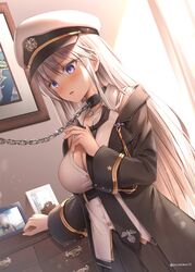  absurdres azur_lane bare_shoulders black_necktie black_skirt blush bondage breasts chains check_commentary collar collared_shirt commentary commentary_request day dutch_angle enterprise_(azur_lane) female glint hat highres indoors large_breasts long_hair necktie open_mouth peaked_cap photo_(object) purple_eyes shirt skirt sleeveless sleeveless_shirt solo suyamori twitter_username very_long_hair white_hair 