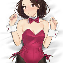  aikawa_ren bare_shoulders bed_sheet black_pantyhose blush bow bowtie breasts cleavage closed_mouth commentary_request cropped dakimakura_(medium) detached_collar female from_above frown head_tilt leotard looking_at_viewer lying miru_tights nail_polish on_back pantyhose parted_lips photoshop_(medium) pink_bow pink_bowtie pink_leotard pink_lips pink_nails playboy_bunny side-tie_leotard small_breasts solo upper_body wrist_cuffs yomu_(sgt_epper) 