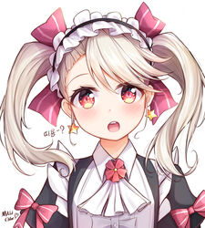  absurdres blush chloe_(epic_seven) commentary_request earrings epic_seven female hair_ribbon highres jewelry looking_at_viewer machin4719 maid maid_headdress pink_eyes ribbon twintails white_hair 