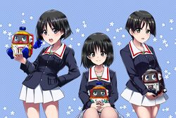  3girls bad_id bad_twitter_id black_eyes black_hair blue_background blue_jacket bob_cut closed_mouth frown girls_und_panzer gotou_moyoko green_shirt hand_on_own_hip heybot! heybot_(character) highres holding jacket konparu_nozomi leaning_to_the_side light_blush long_sleeves looking_at_viewer medium_hair military military_uniform miniskirt multiple_girls ooarai_military_uniform open_mouth pleated_skirt polka_dot polka_dot_background shirt short_hair sitting skirt smile sono_midoriko standing sukoko_(cocos_00) uniform voice_actor_connection white_skirt 