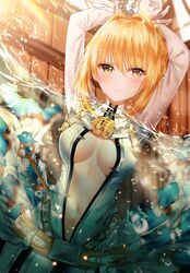  artist_revision bondage fate/grand_order junpaku_karen no_bra open_shirt saber_bride saber_extra wet 