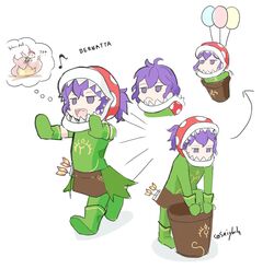  arrow_(projectile) balloon bernadetta_von_varley chibi commentary company_connection cosplay english_commentary fangs female fire_emblem fire_emblem:_three_houses flower_pot highres mario_(series) mittens nintendo piranha_plant piranha_plant_(cosplay) purple_eyes purple_hair quiver saiykik short_hair solo 