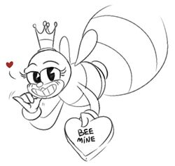  2017 arthropod bee crown cuphead_(game) english_text eyelashes female feral grin headgear heart_symbol humor hymenopteran insects lipstick looking_at_viewer makeup masarts pun queen queen_bee royalty rumor_honeybottoms simple_background smile solo text toony white_background wings 