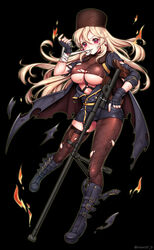  anti-materiel_rifle asymmetrical_legwear bandages belt belt_boots between_breasts black_background black_footwear black_gloves blonde_hair blood bolt_action boots breasts brown_hat brown_legwear buttons commentary_request crop_top cuts dirty dirty_face double-breasted earrings eyelashes female fire fishnet_pantyhose fishnet_thighhighs fishnets full_body fur_hat fur_trim girls&#039;_frontline gloves gun hair_between_eyes hat high_heel_boots high_heels highres holding holding_gun holding_weapon injury jacket jewelry knee_boots large_breasts legs_apart long_hair looking_at_viewer mole mole_under_eye mouth_hold open_belt pantyhose papakha pink_eyes ptrd-41 ptrd_(girls&#039;_frontline) rewolf rifle scratches simple_background single_leg_pantyhose single_thighhigh skindentation sleeves_past_elbows sniper_rifle solo thighhighs torn_clothes torn_jacket torn_pantyhose torn_thighhighs underboob uneven_legwear weapon 